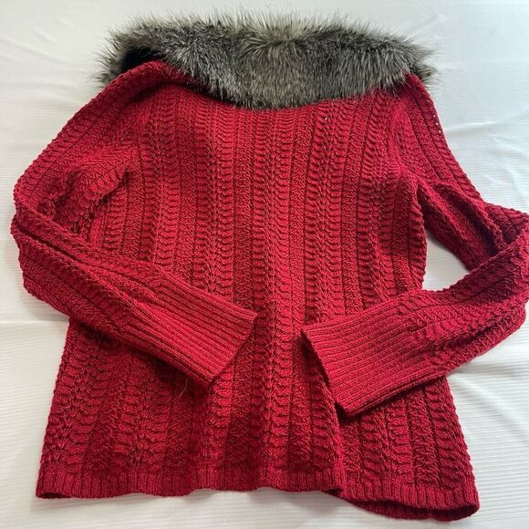 Cache Red Faux Fur Sweater Cardigan Size XL - Picture 8 of 9